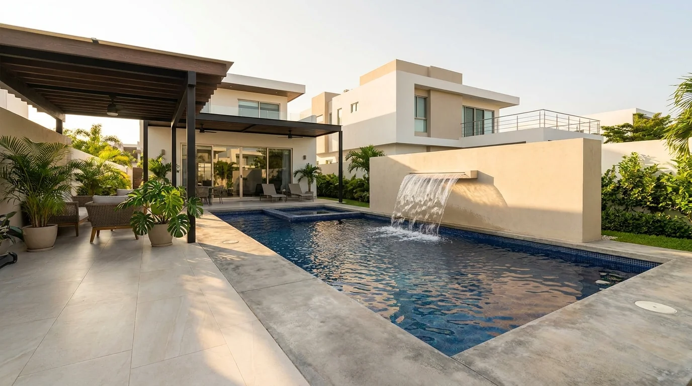 Alberca de concreto con cascada de piedra y terraza techada en casa residencial de Tampico — AQUATAM