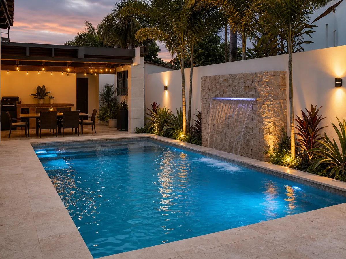Alberca con cascada e iluminación LED — diseño y construcción AQUATAM en Tampico